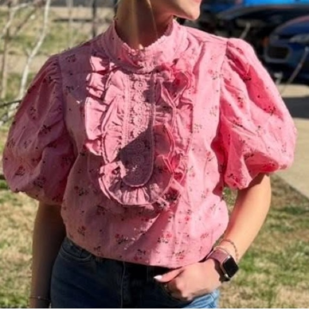 Pink Floral Ruffle Front Puff Sleeve Blouse - Picture 4 of 7